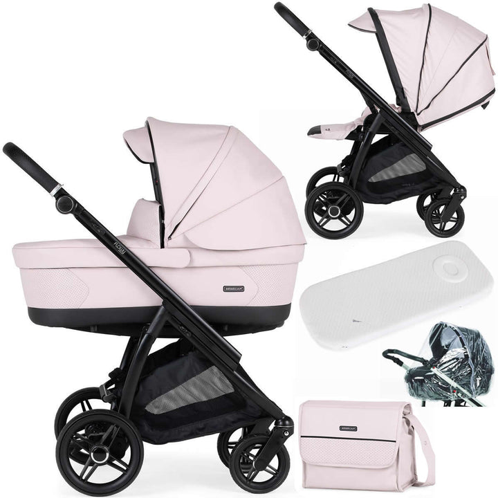 Bebecar Flowy Duo 2 in 1 Pram + Raincover & FREE Bag, Pink / Black