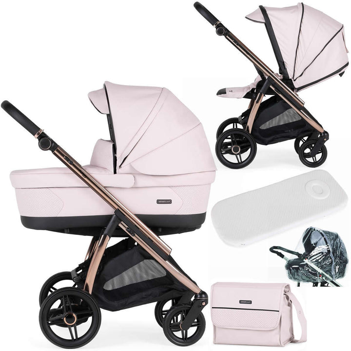 Bebecar Flowy Duo 2 in 1 Pram + Raincover & FREE Bag, Pink / Rose