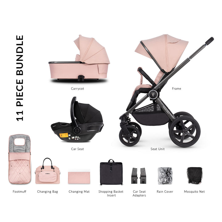 Venicci Upline 3 in 1 + Base - The Complete Travel System Bundle, Misty Rose