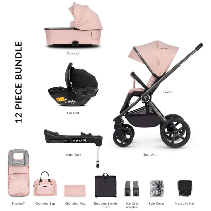 Venicci Upline 3 in 1 + Base - The Complete Travel System Bundle, Misty Rose